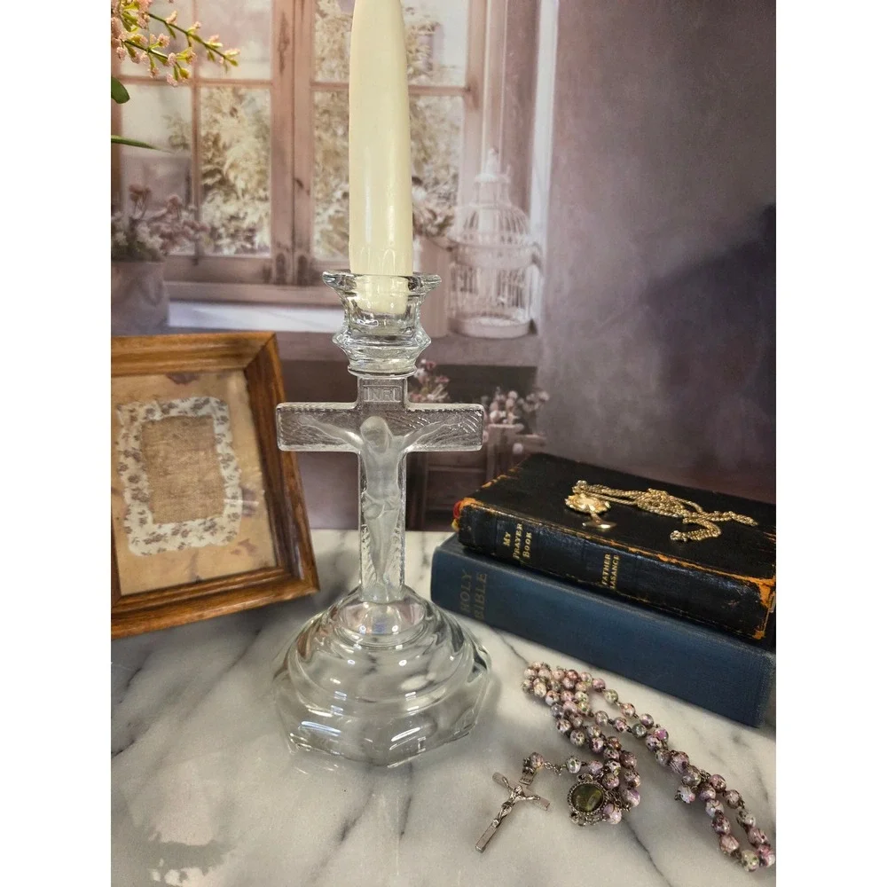 Vintage Glass‎ Crucifix Candle HolderJesus Religious Decor Altar